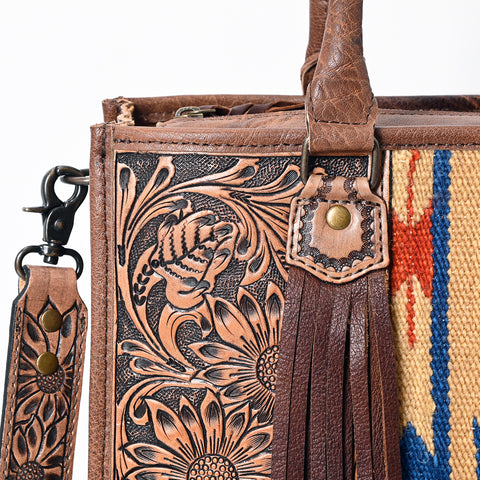 American Darling Western Leather Tote Bag - Hand Tooled Floral & Woven Saddle Blanket