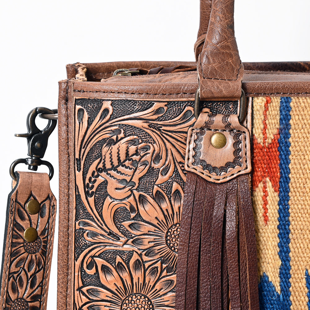 ADBG230 Western Leather Tote Bag with Saddle Blanket, Floral Design & Leather Fringes