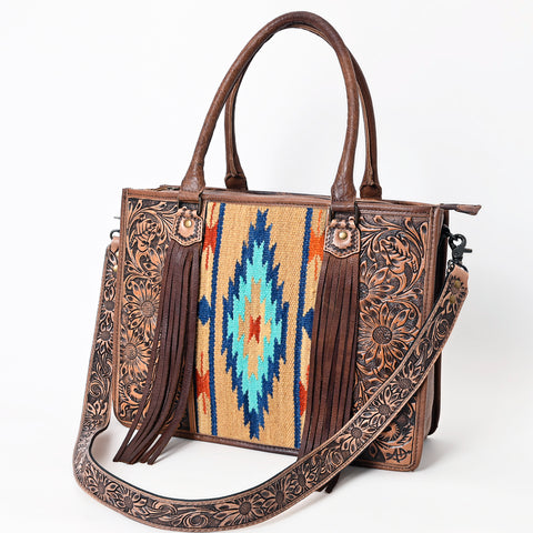 American Darling Western Leather Tote Bag - Hand Tooled Floral & Woven Saddle Blanket