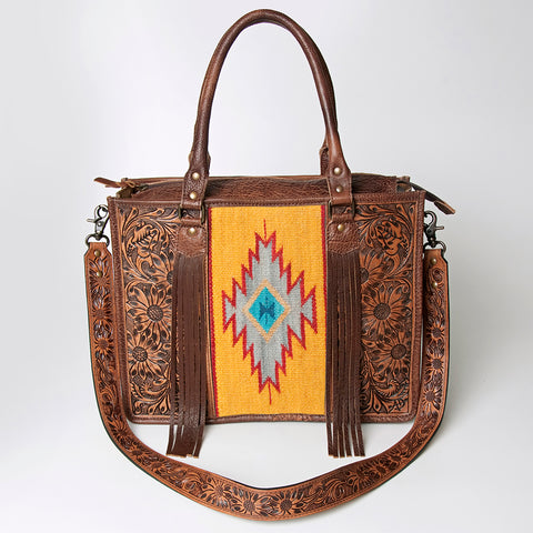 American Darling Western Leather Tote Bag - Hand Tooled Floral & Woven Saddle Blanket