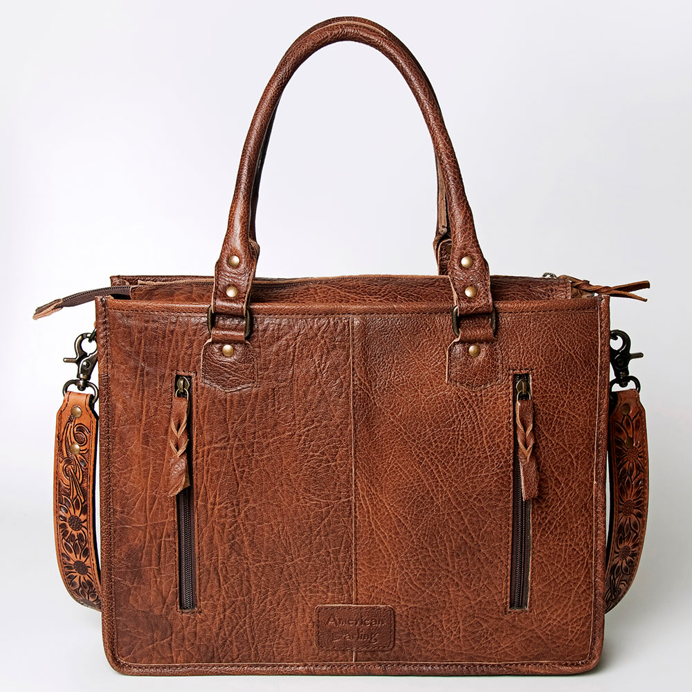 ADBG230 Western Leather Tote Bag with Saddle Blanket, Floral Design & Leather Fringes