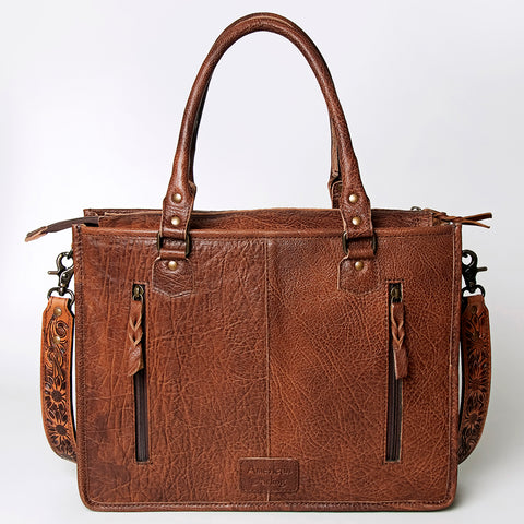 American Darling Western Leather Tote Bag - Hand Tooled Floral & Woven Saddle Blanket