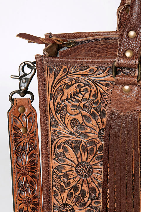American Darling Western Leather Tote Bag - Hand Tooled Floral & Woven Saddle Blanket