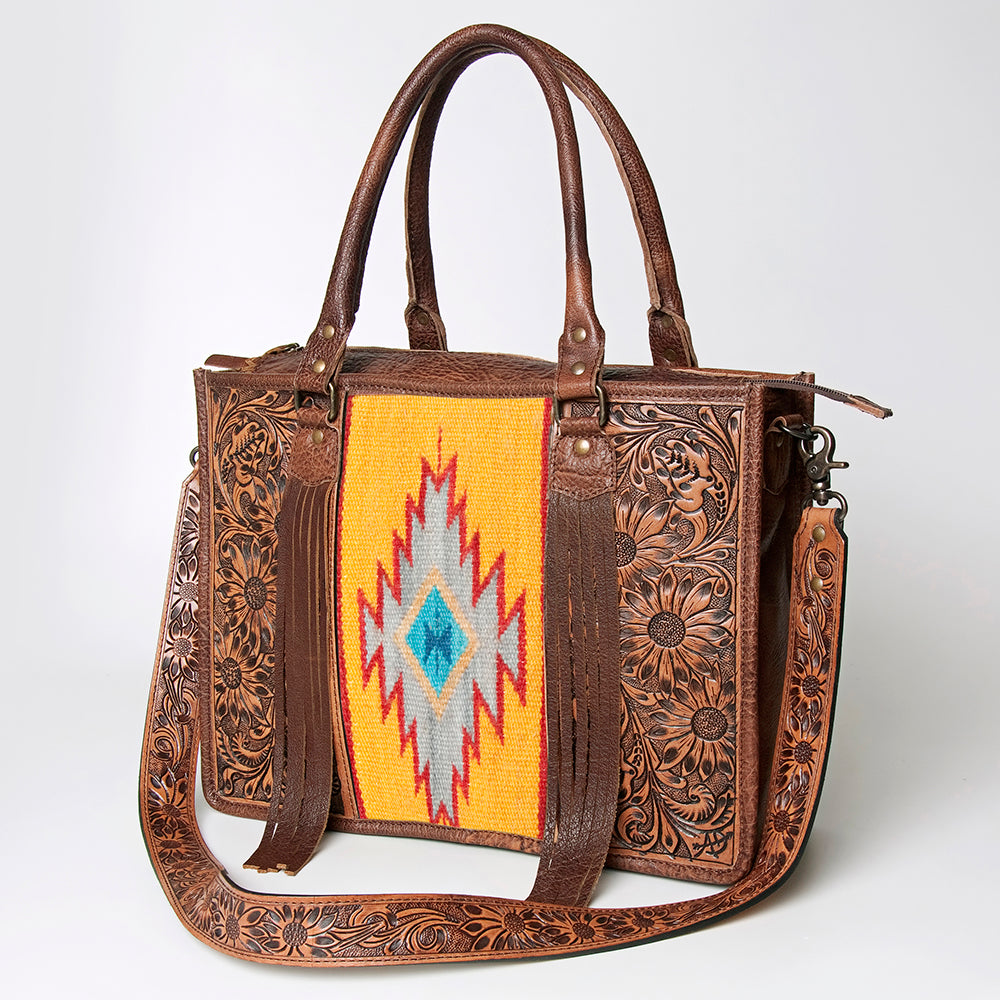 ADBG230 Western Leather Tote Bag with Saddle Blanket, Floral Design & Leather Fringes