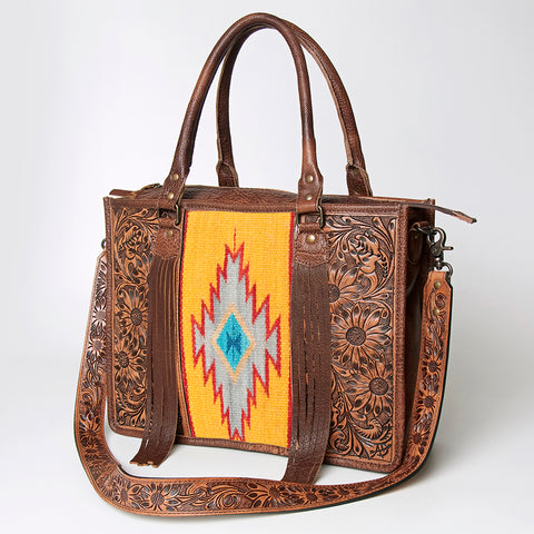 American Darling Western Leather Tote Bag - Hand Tooled Floral & Woven Saddle Blanket