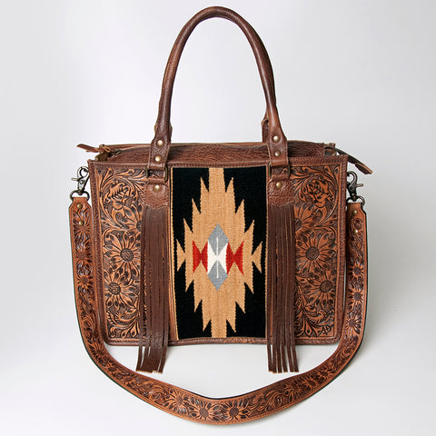 American Darling Western Leather Tote Bag - Hand Tooled Floral & Woven Saddle Blanket