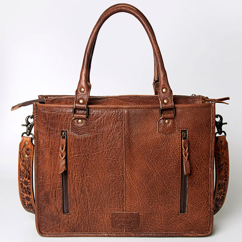 American Darling Western Leather Tote Bag - Hand Tooled Floral & Woven Saddle Blanket