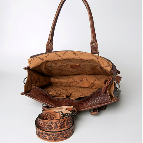 American Darling Western Leather Tote Bag - Hand Tooled Floral & Woven Saddle Blanket