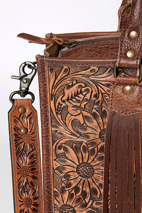 American Darling Western Leather Tote Bag - Hand Tooled Floral & Woven Saddle Blanket