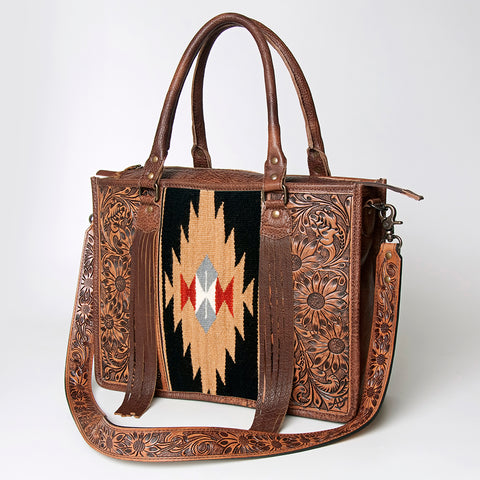 American Darling Western Leather Tote Bag - Hand Tooled Floral & Woven Saddle Blanket