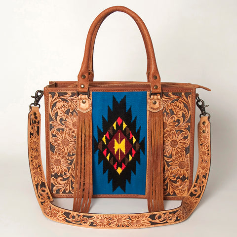 American Darling Western Leather Tote Bag - Hand Tooled Floral & Woven Saddle Blanket