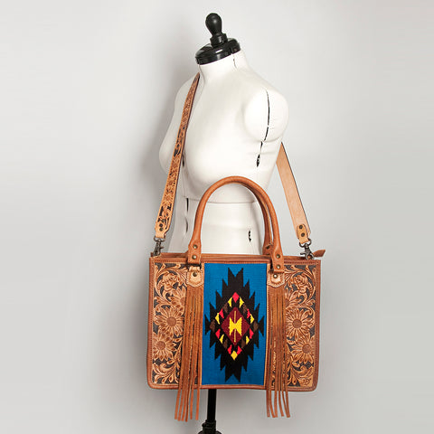 American Darling Western Leather Tote Bag - Hand Tooled Floral & Woven Saddle Blanket