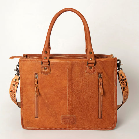 American Darling Western Leather Tote Bag - Hand Tooled Floral & Woven Saddle Blanket