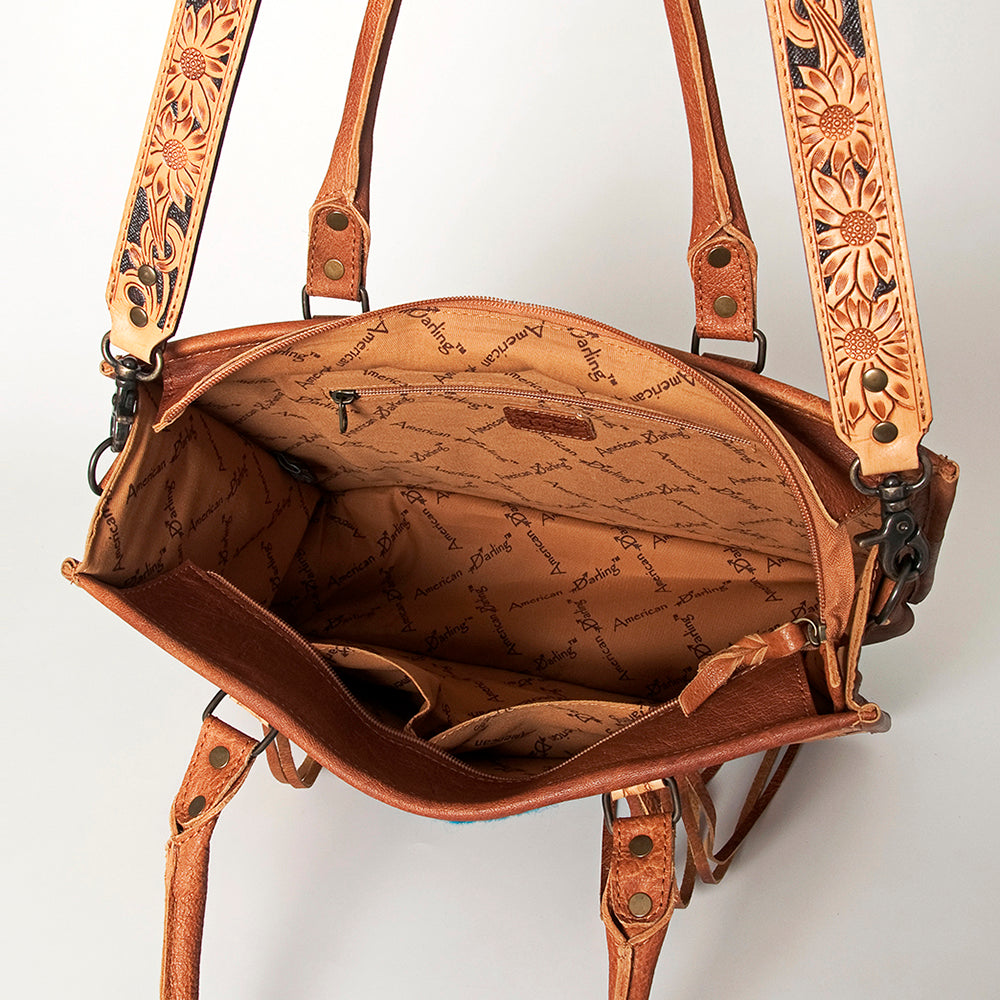 ADBG230 Western Leather Tote Bag with Saddle Blanket, Floral Design & Leather Fringes