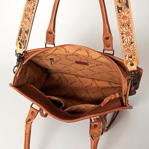 American Darling Western Leather Tote Bag - Hand Tooled Floral & Woven Saddle Blanket