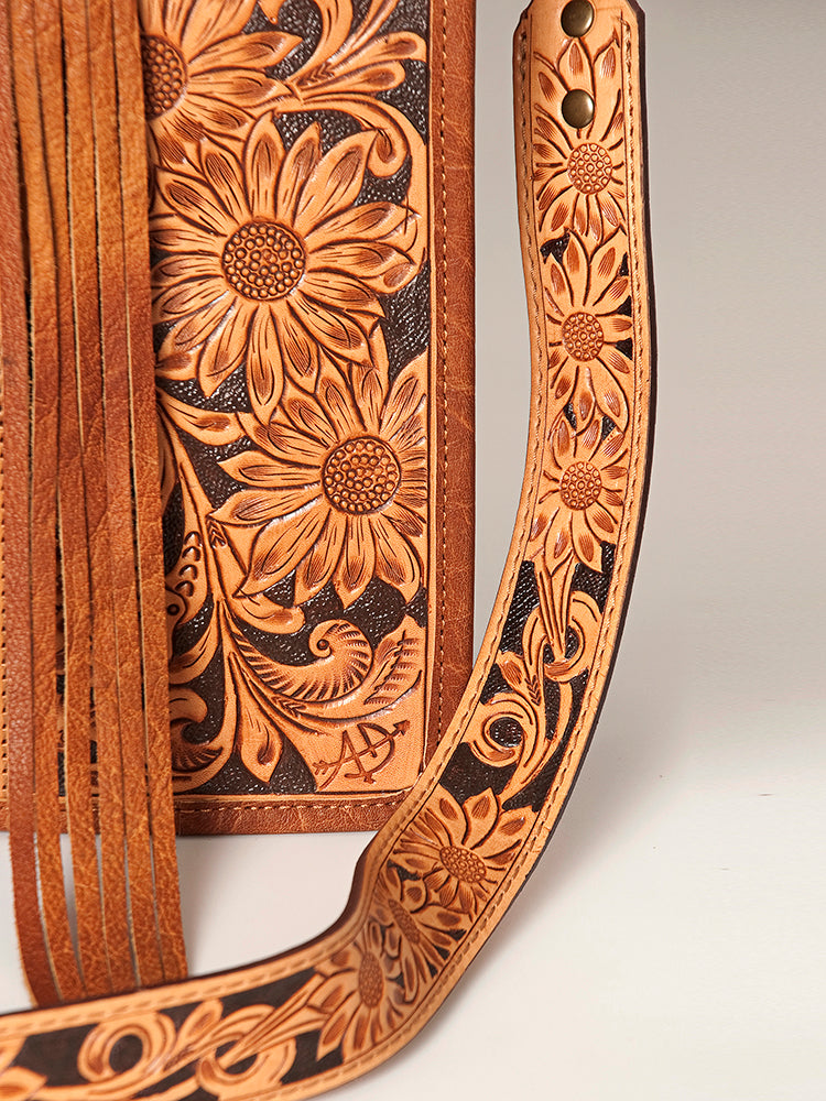 ADBG230 Western Leather Tote Bag with Saddle Blanket, Floral Design & Leather Fringes