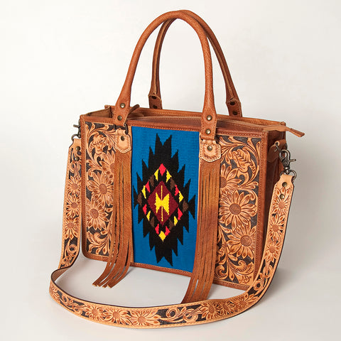 American Darling Western Leather Tote Bag - Hand Tooled Floral & Woven Saddle Blanket