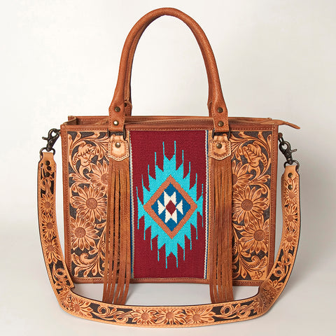 American Darling Western Leather Tote Bag - Hand Tooled Floral & Woven Saddle Blanket