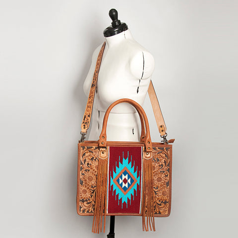 American Darling Western Leather Tote Bag - Hand Tooled Floral & Woven Saddle Blanket