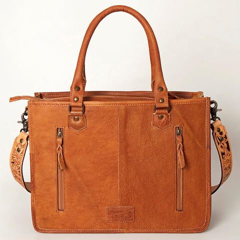 American Darling Western Leather Tote Bag - Hand Tooled Floral & Woven Saddle Blanket
