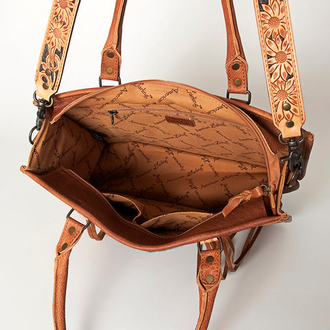 American Darling Western Leather Tote Bag - Hand Tooled Floral & Woven Saddle Blanket