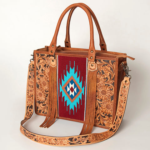 American Darling Western Leather Tote Bag - Hand Tooled Floral & Woven Saddle Blanket