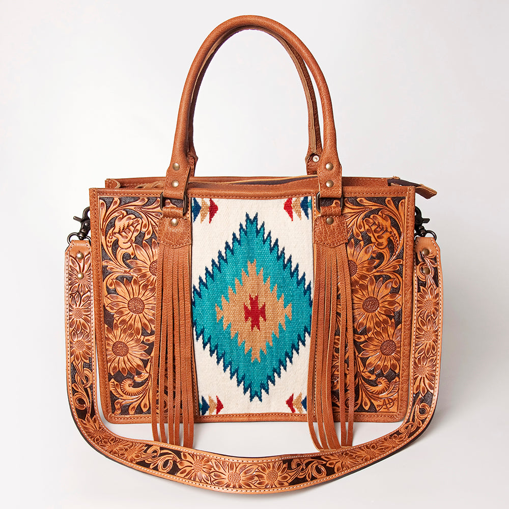 ADBG230 Western Leather Tote Bag with Saddle Blanket, Floral Design & Leather Fringes