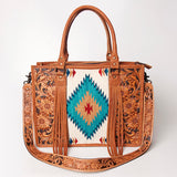 ADBG230 Western Leather Tote Bag with Saddle Blanket, Floral Design & Leather Fringes