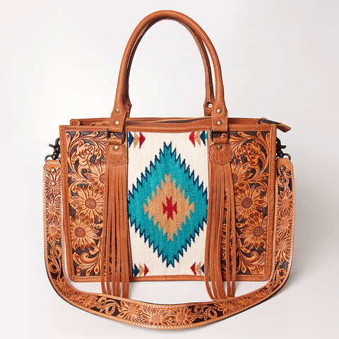 American Darling Western Leather Tote Bag - Hand Tooled Floral & Woven Saddle Blanket
