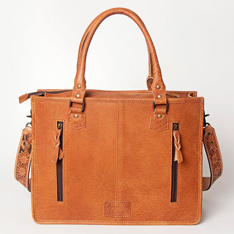 American Darling Western Leather Tote Bag - Hand Tooled Floral & Woven Saddle Blanket