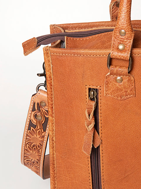American Darling Western Leather Tote Bag - Hand Tooled Floral & Woven Saddle Blanket