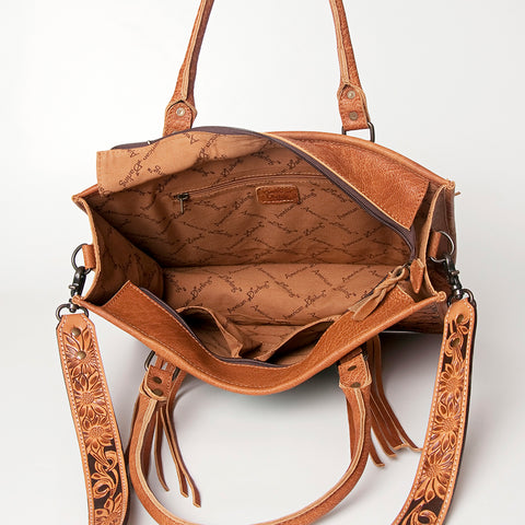 American Darling Western Leather Tote Bag - Hand Tooled Floral & Woven Saddle Blanket