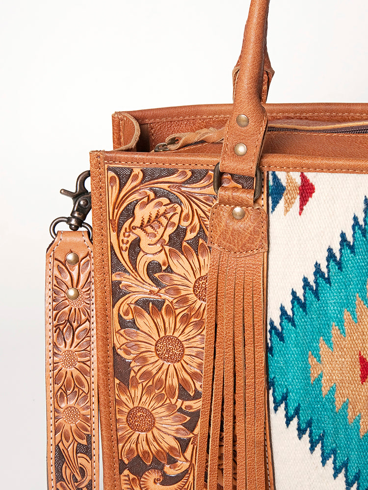 ADBG230 Western Leather Tote Bag with Saddle Blanket, Floral Design & Leather Fringes