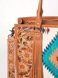 ADBG230 Western Leather Tote Bag with Saddle Blanket, Floral Design & Leather Fringes