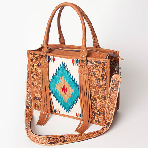 American Darling Western Leather Tote Bag - Hand Tooled Floral & Woven Saddle Blanket