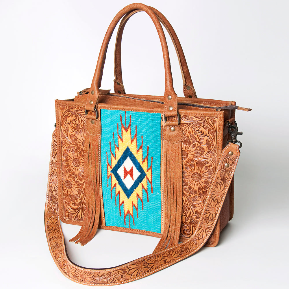 ADBG230 Hand Tooled Leather Tote Bag with Southwestern Saddle Blanket Accent & Floral Detailing