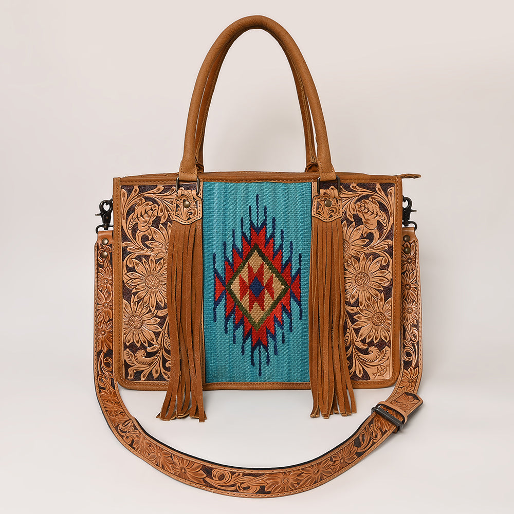 ADBG230 Hand Tooled Leather Tote Bag with Southwestern Saddle Blanket Accent & Floral Detailing