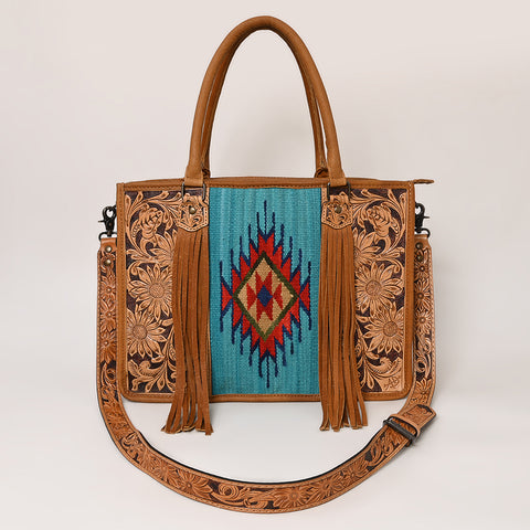 American Darling Hand Tooled Floral Western Leather Woven Saddle Blanket Tote Bag