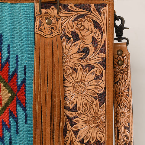 American Darling Hand Tooled Floral Western Leather Woven Saddle Blanket Tote Bag