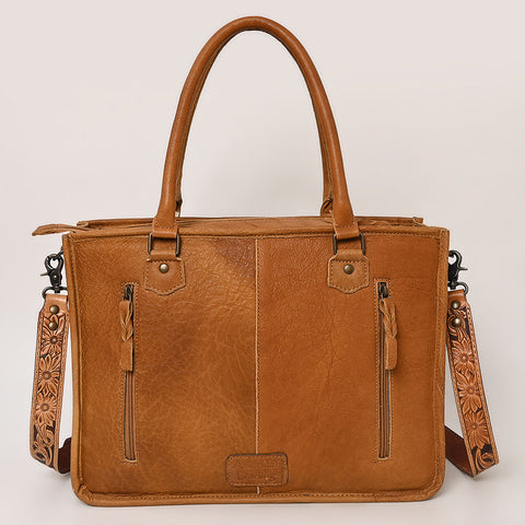American Darling Hand Tooled Floral Western Leather Woven Saddle Blanket Tote Bag