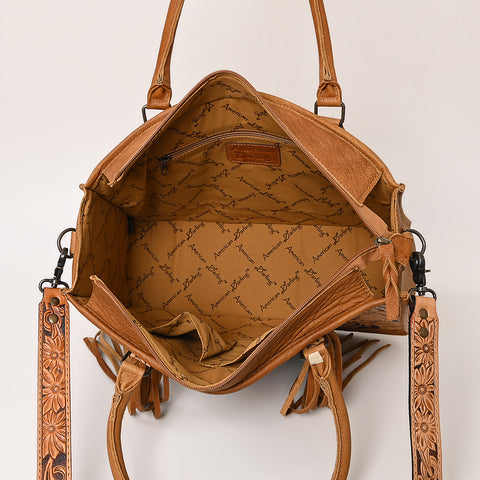American Darling Hand Tooled Floral Western Leather Woven Saddle Blanket Tote Bag