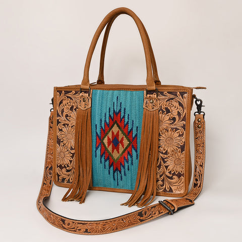 American Darling Hand Tooled Floral Western Leather Woven Saddle Blanket Tote Bag