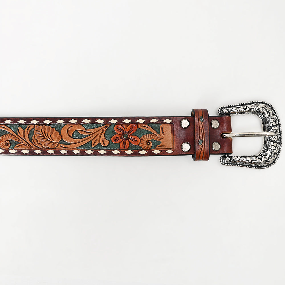 LC-ADBLF137 Tooled Leather Western Belt - Green Floral Scroll Design with White Diamond Border and Silver Buckle
