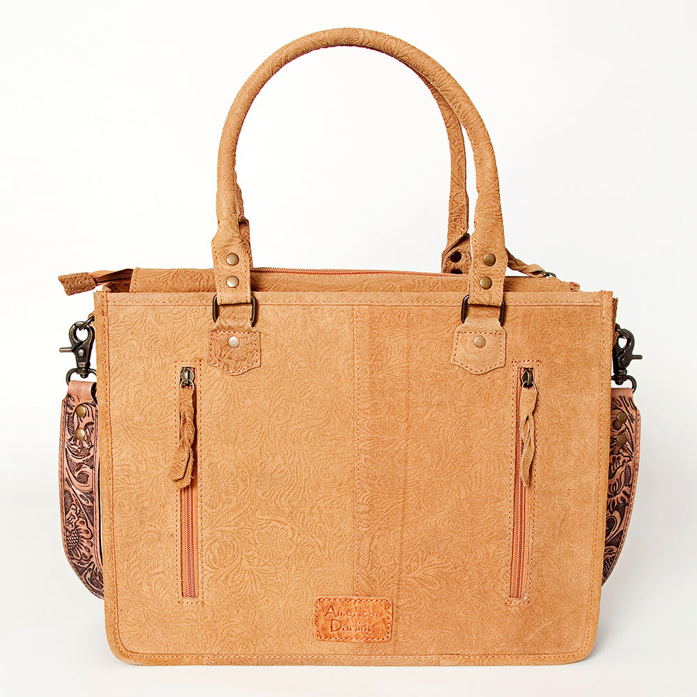 ADBG230 Hand Tooled Leather Tote Bag with Natural Floral Tooled Leather Panels & Fringes