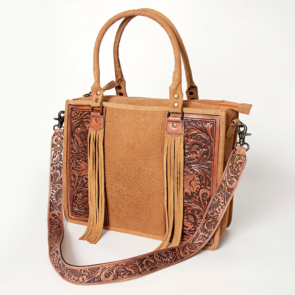 ADBG230 Hand Tooled Leather Tote Bag with Natural Floral Tooled Leather Panels & Fringes