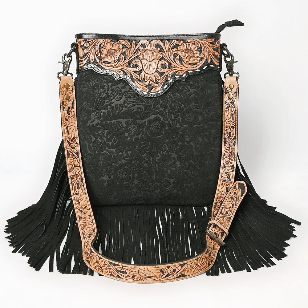 LC-ADBGS192DM1D Black Floral Embossed Leather Messenger Bag with Fringe & Tooled Strap - Western Elegant Purse