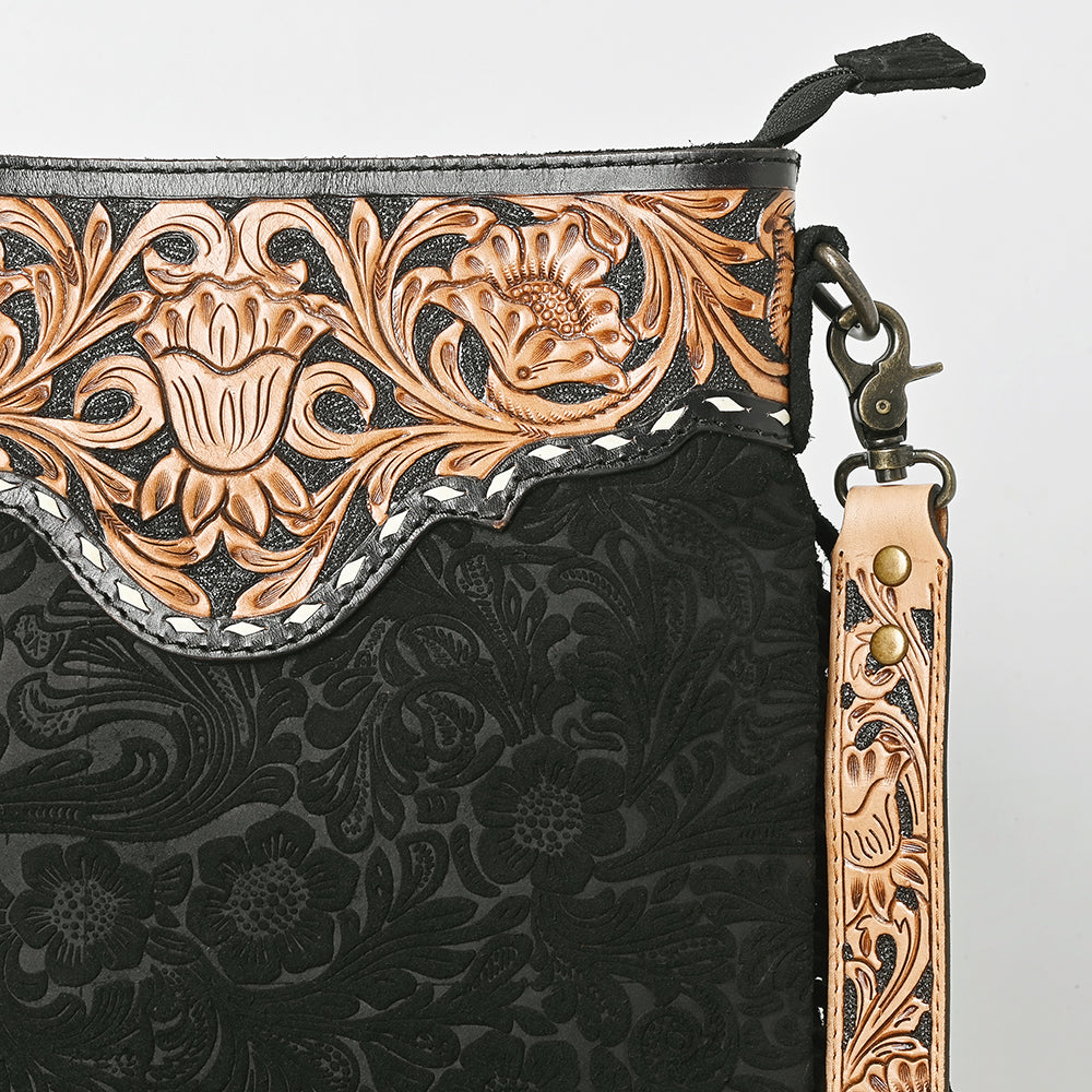 LC-ADBGS192DM1D Black Floral Embossed Leather Messenger Bag with Fringe & Tooled Strap - Western Elegant Purse