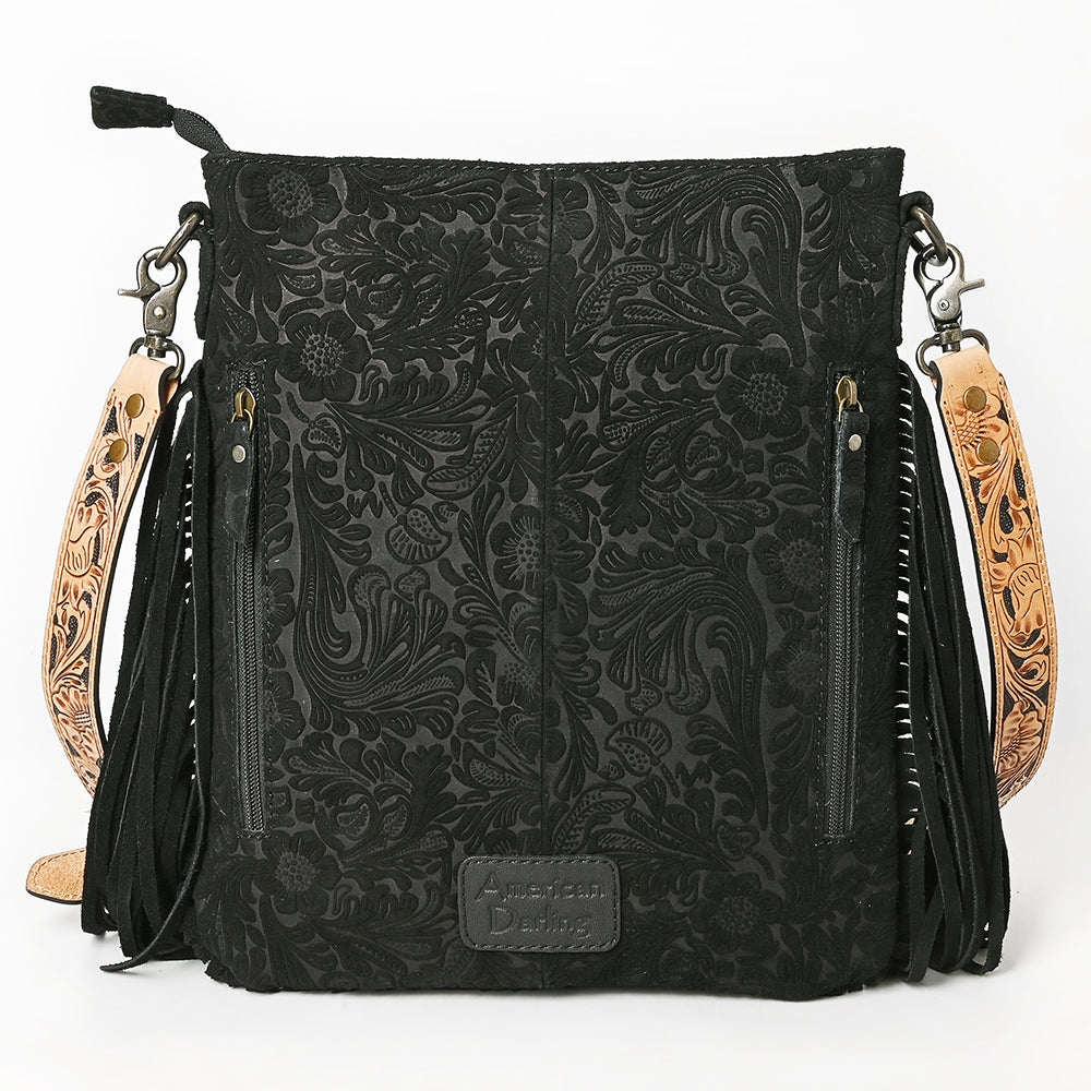LC-ADBGS192DM1D Black Floral Embossed Leather Messenger Bag with Fringe & Tooled Strap - Western Elegant Purse