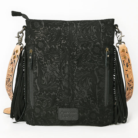 ADBGS192 Floral Embossed Leather Large Crossbody Bag with Fringe & Tooled Strap - Western Elegant Purse