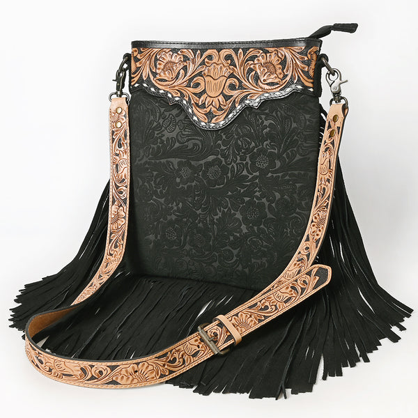 LC-ADBGS192DM1D Black Floral Embossed Leather Messenger Bag with Fringe & Tooled Strap - Western Elegant Purse